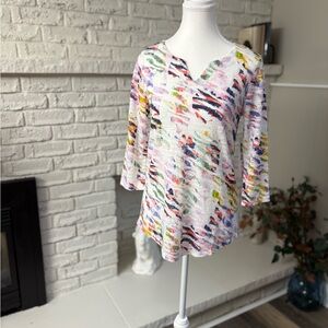 Tribal White Multi-Color Notch Neck Short Sleeve Top